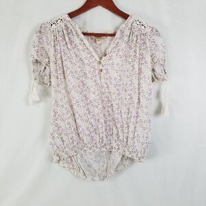 VAC Shirt Womens Small White Peasant‎ Popover Top Sheer Short Sleeve Split Neck